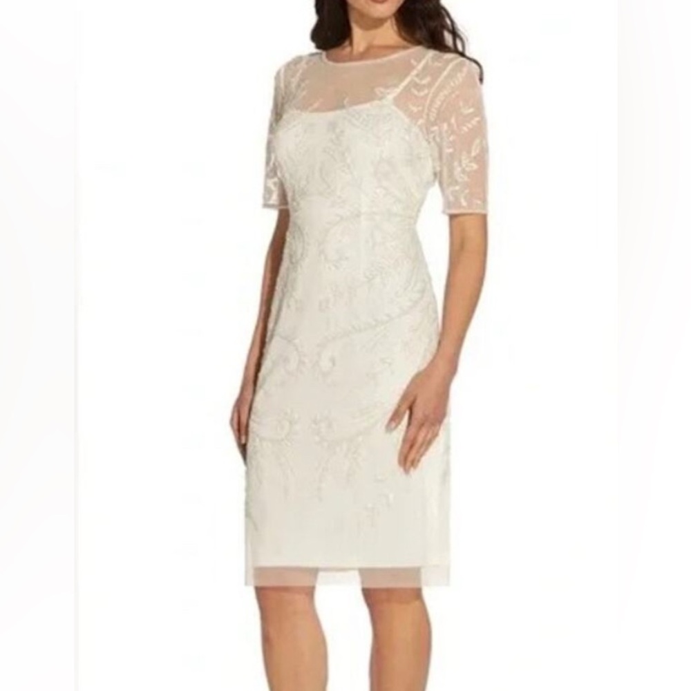 NWT Adrianna Pappel Ivory White Beaded Sheath Shear Top Midi Dress Size 4